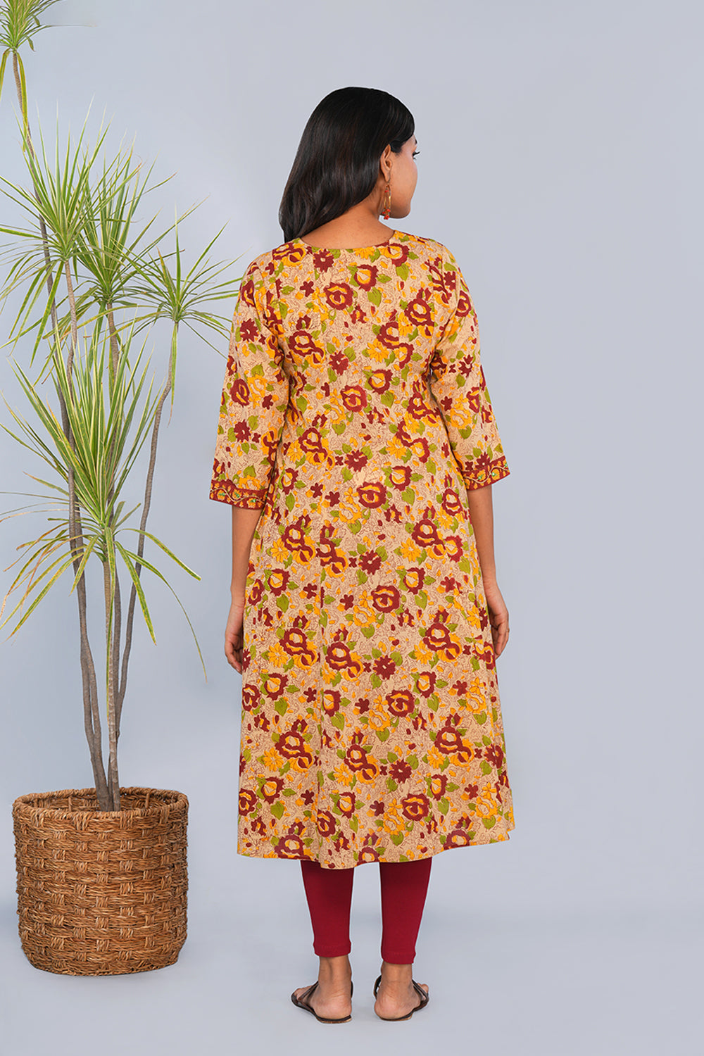 Image of Beige & Yellow Floral block printed Panelled Kurta