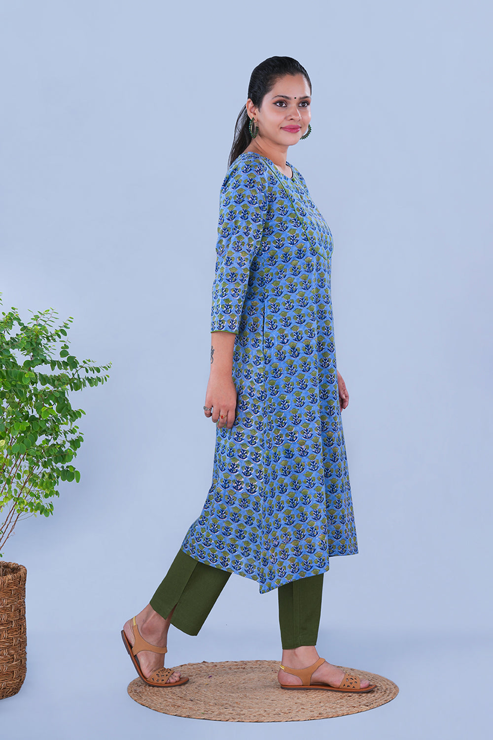 Image of Blue Block printed cotton Kurta