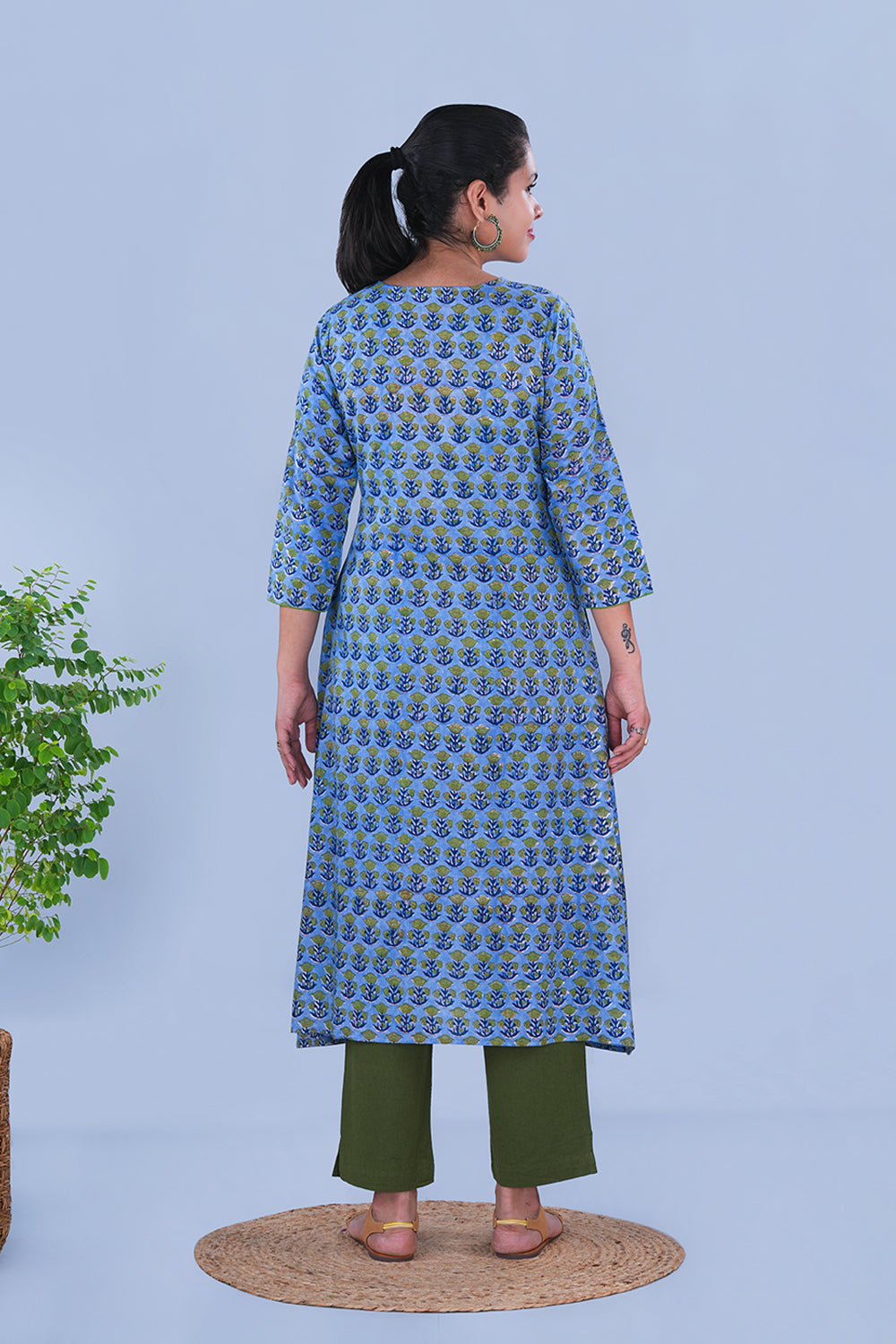 Image of Blue Block printed cotton Kurta