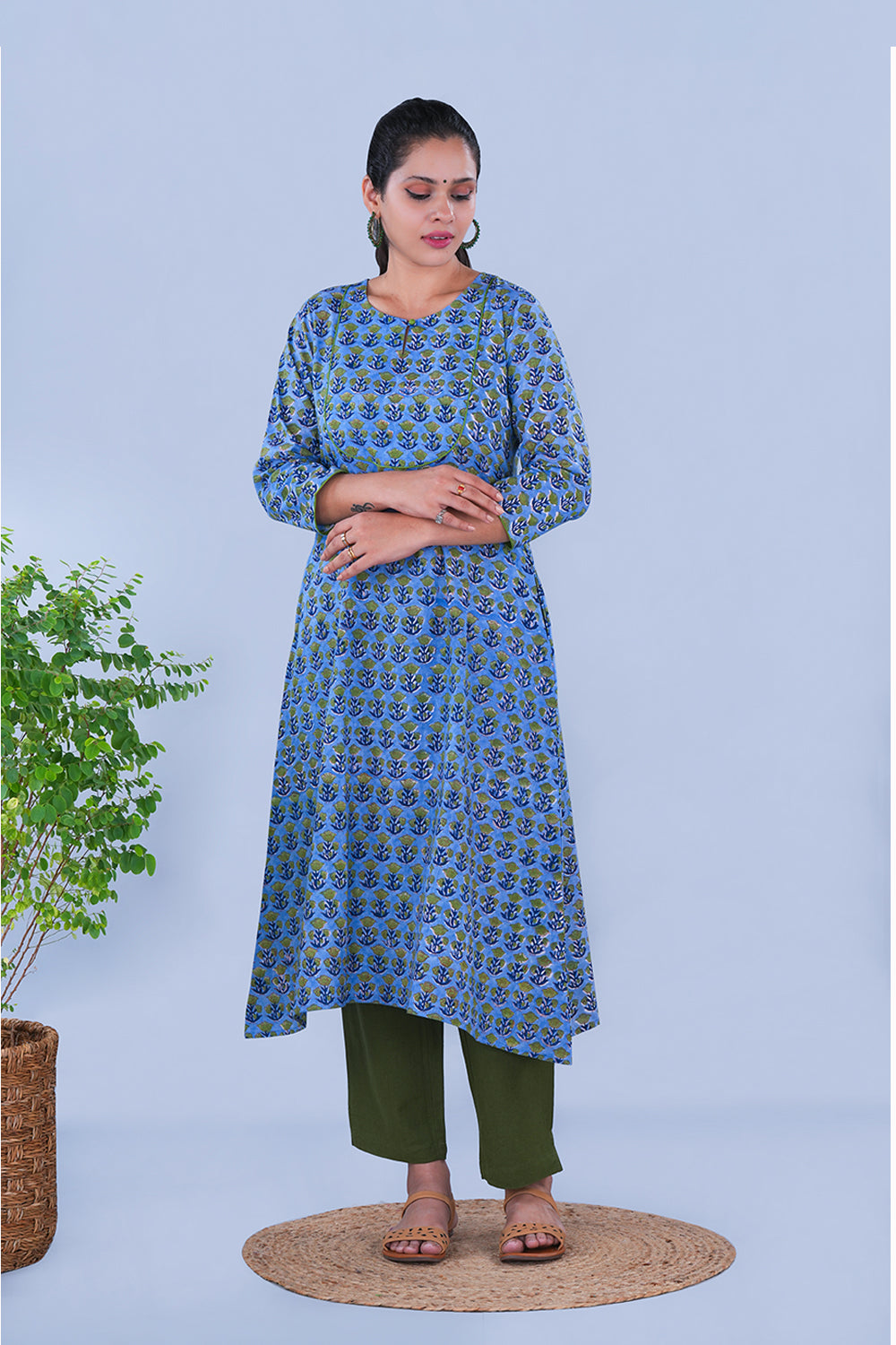 Image of Blue Block printed cotton Kurta