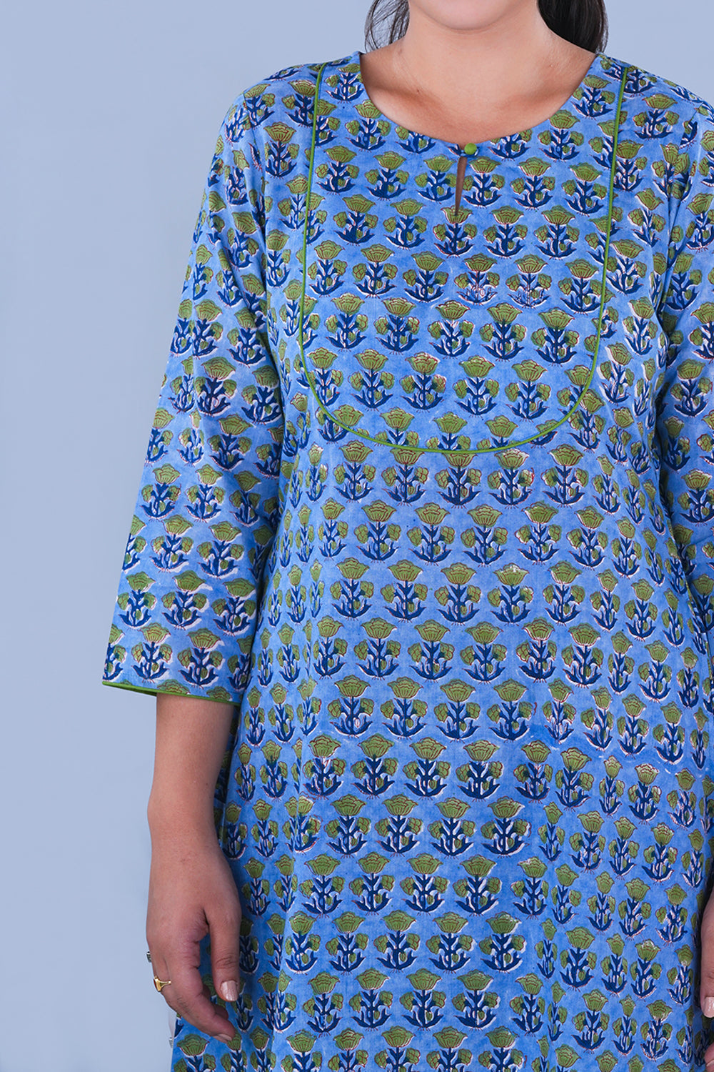Image of Blue Block printed cotton Kurta