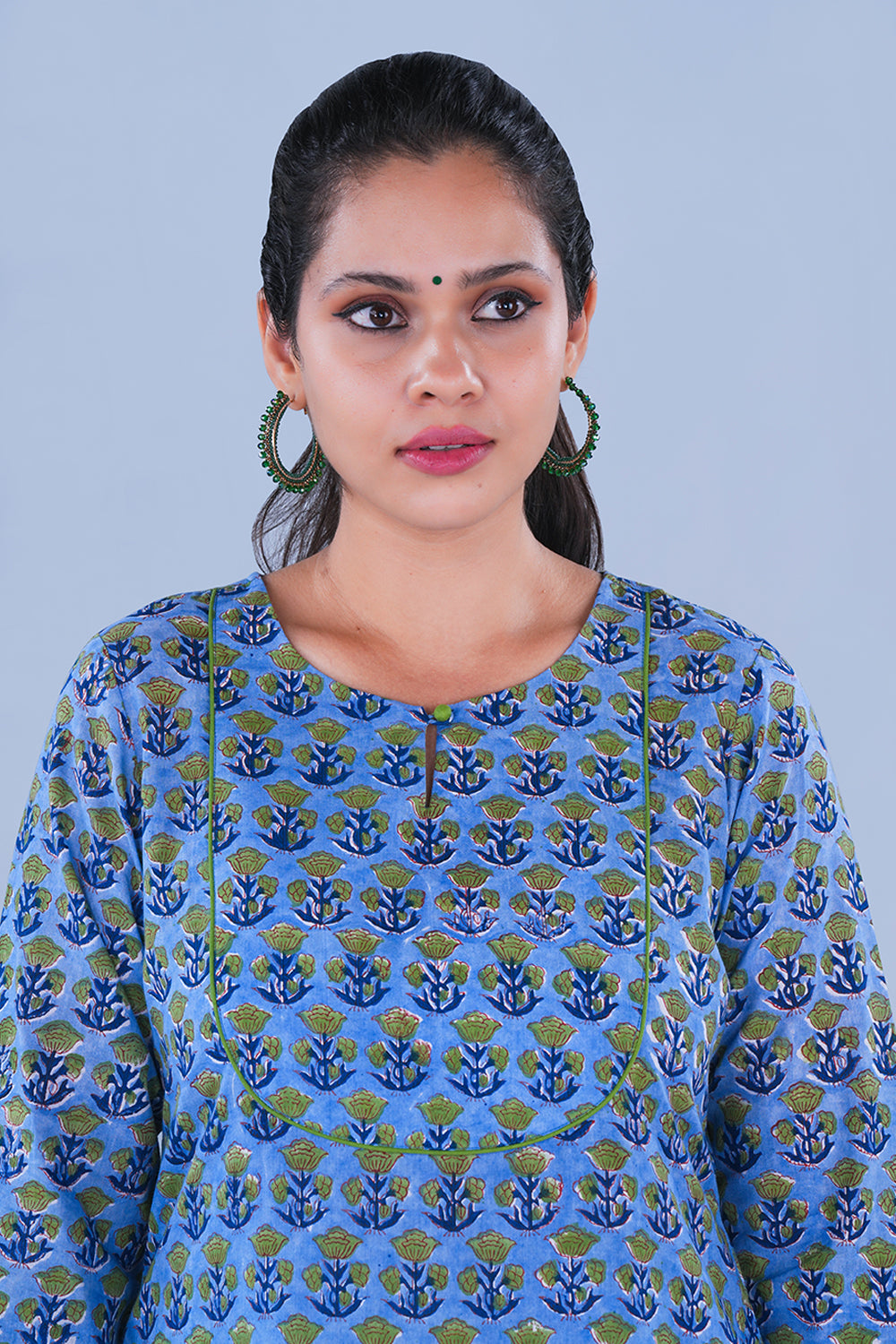 Image of Blue Block printed cotton Kurta