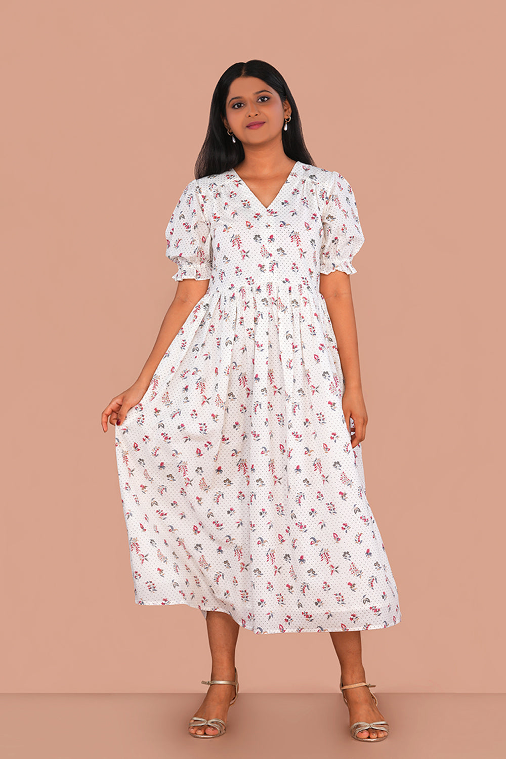 Image of White mini floral block printed cotton dress