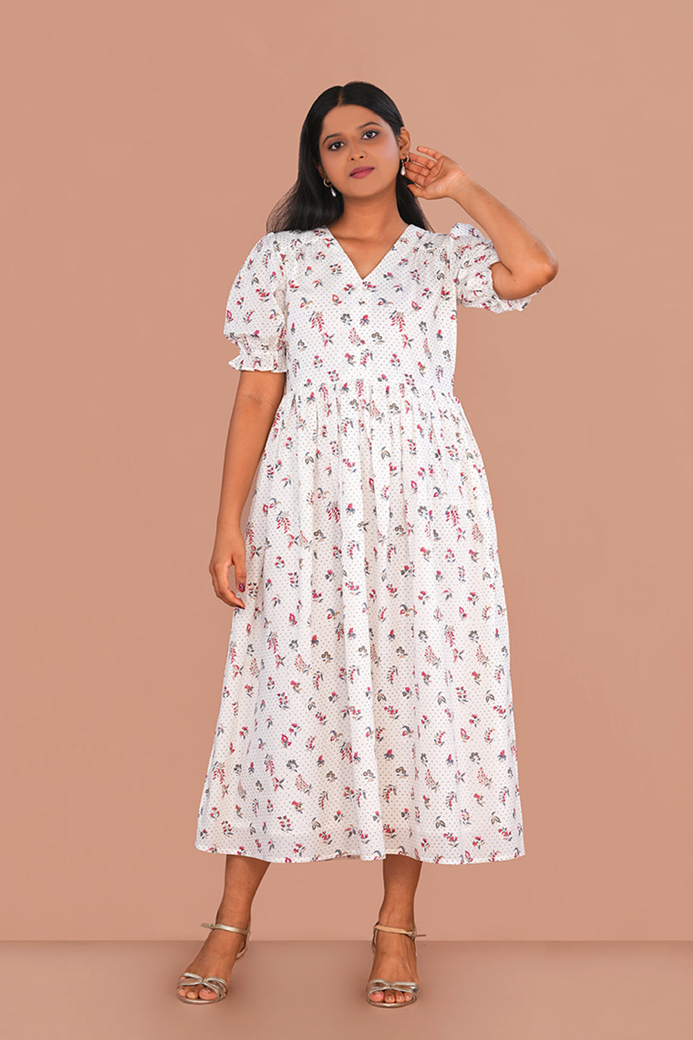 Image of White mini floral block printed cotton dress
