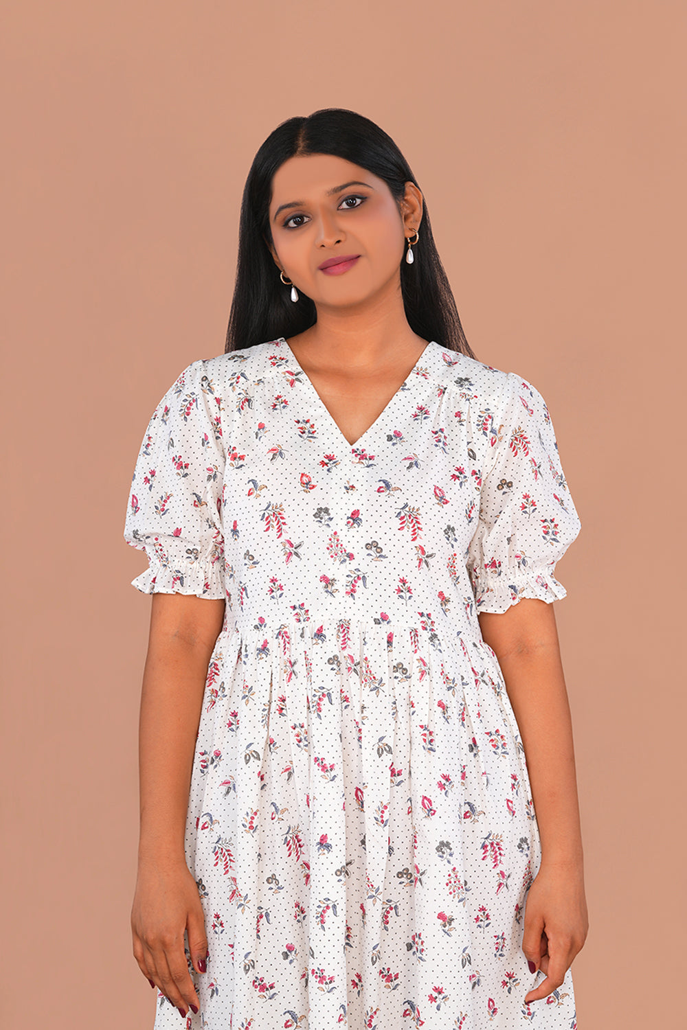 Image of White mini floral block printed cotton dress