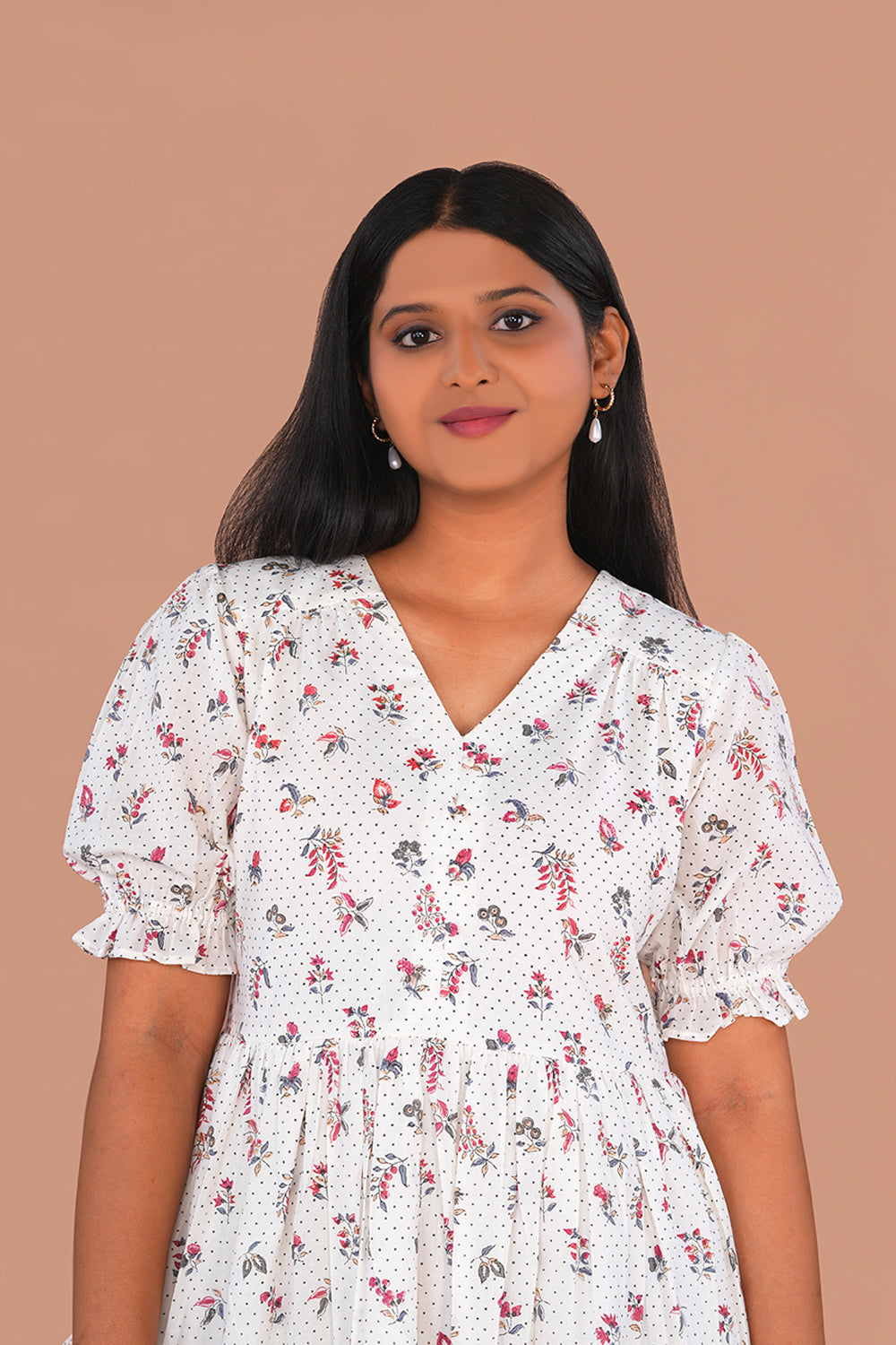 Image of White mini floral block printed cotton dress