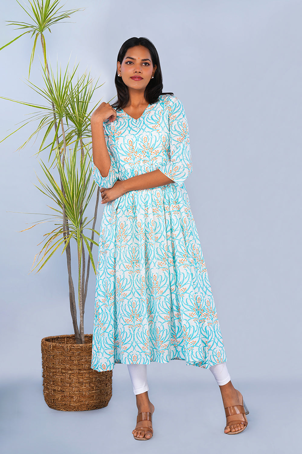 Image of Ice Blue Floral block printed Kurta