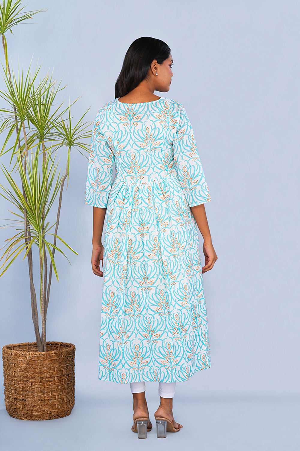 Image of Ice Blue Floral block printed Kurta