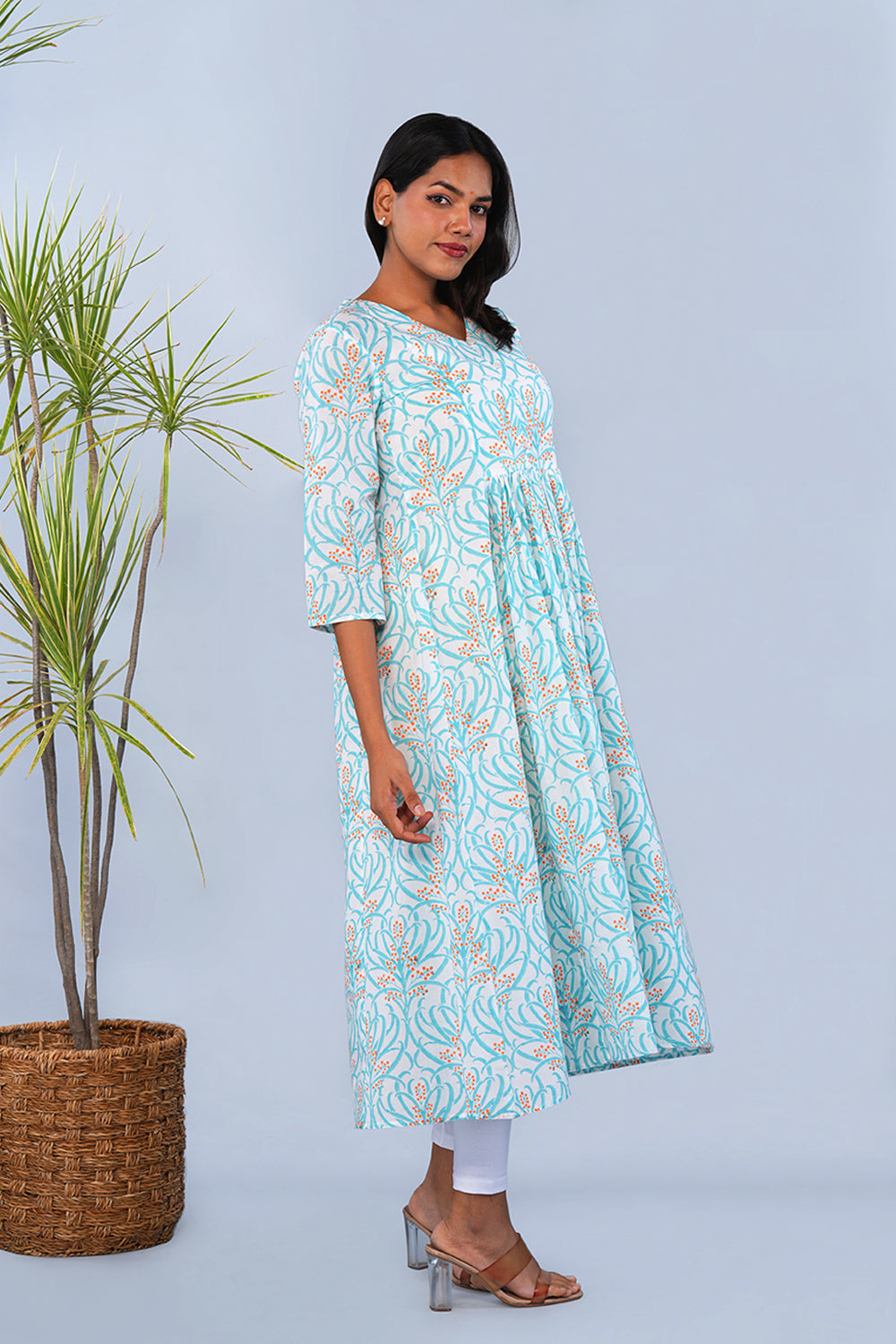 Image of Ice Blue Floral block printed Kurta