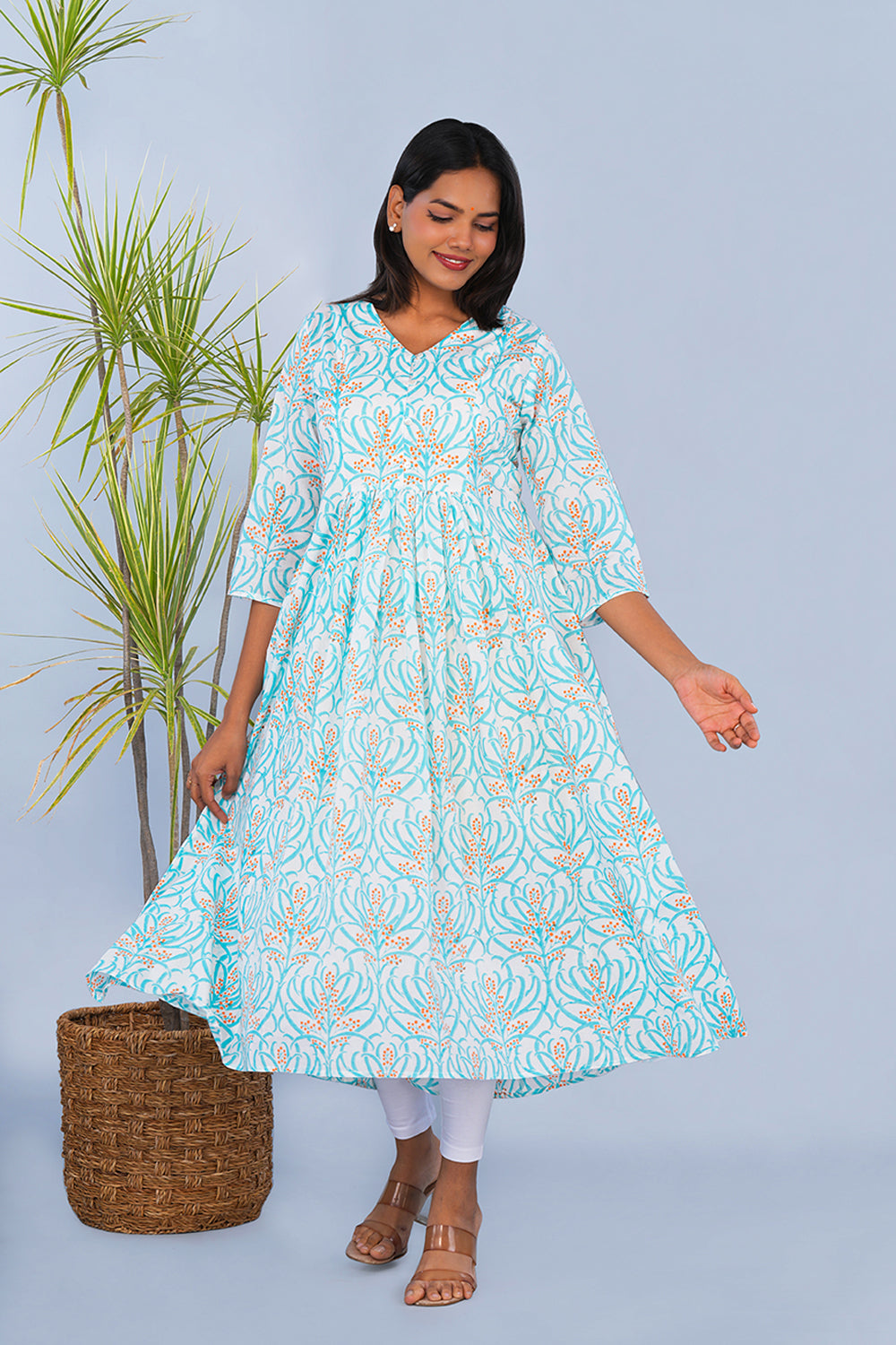Image of Ice Blue Floral block printed Kurta