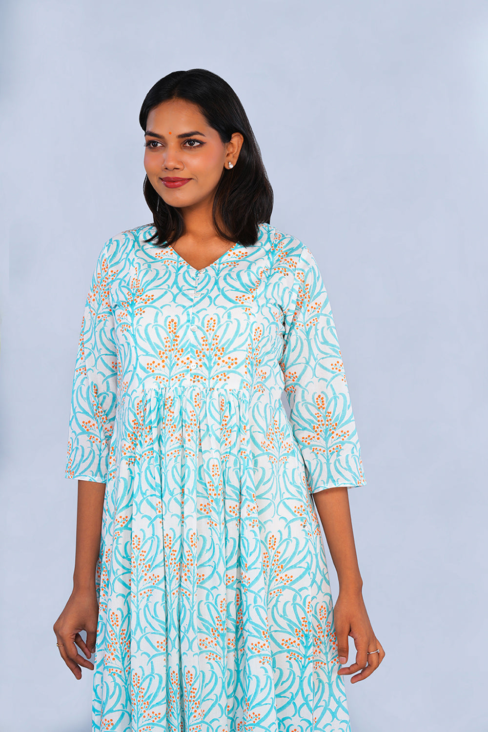 Image of Ice Blue Floral block printed Kurta