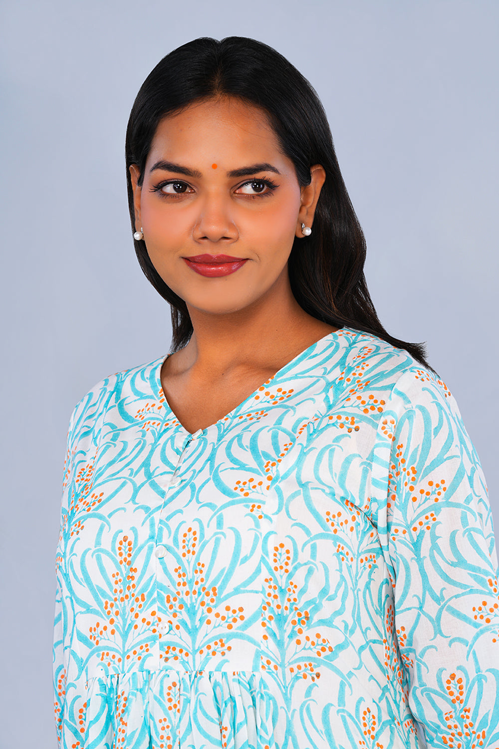 Image of Ice Blue Floral block printed Kurta