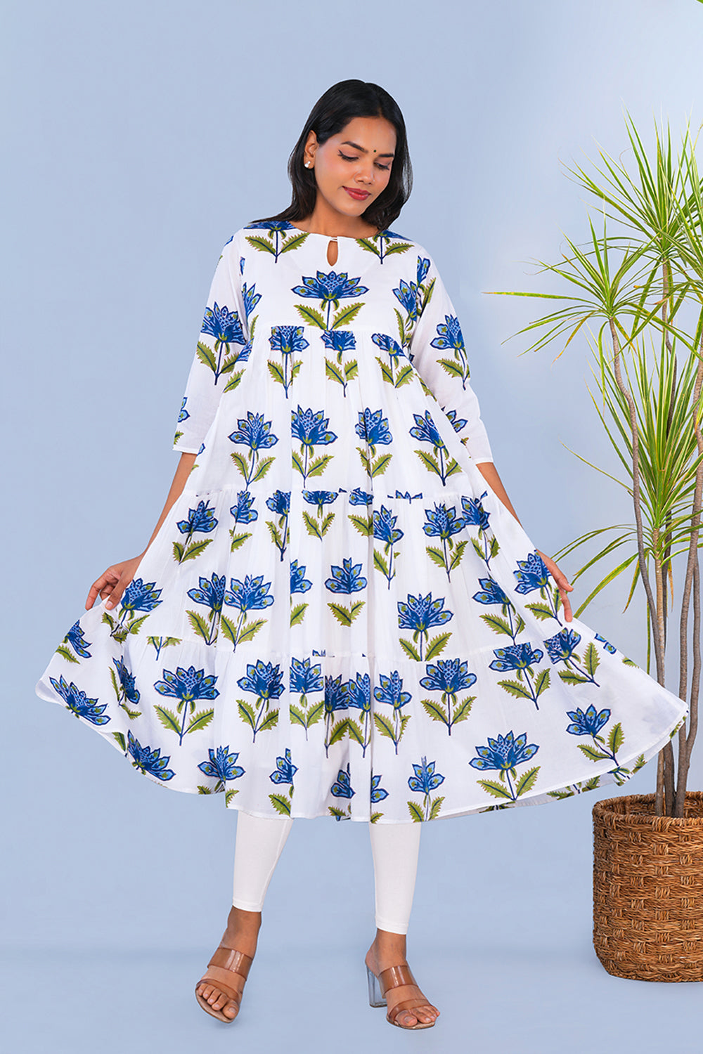 Image of Blue floral block printed Tiered Kurta