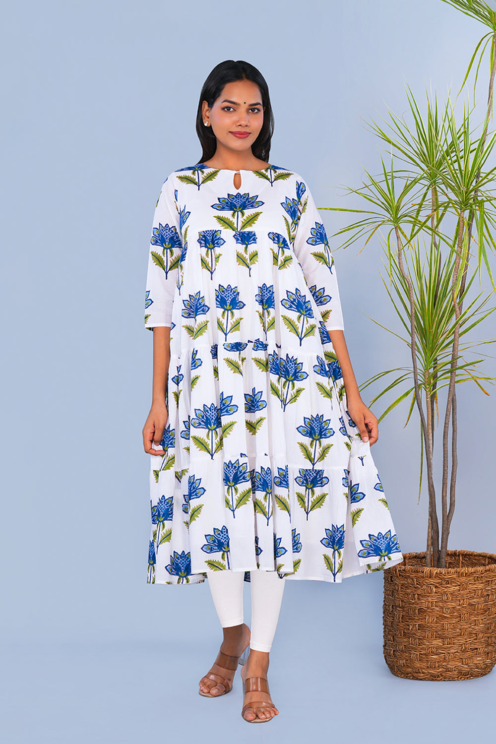 Image of Blue floral block printed Tiered Kurta
