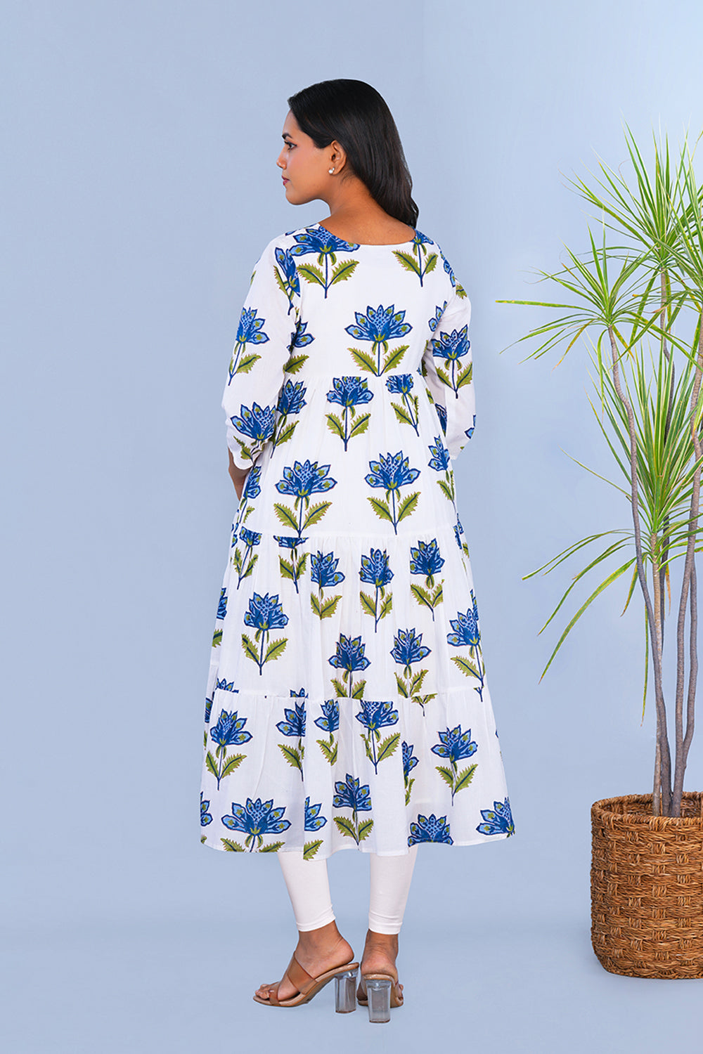 Image of Blue floral block printed Tiered Kurta