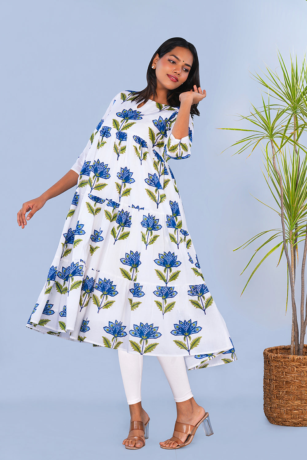 Image of Blue floral block printed Tiered Kurta