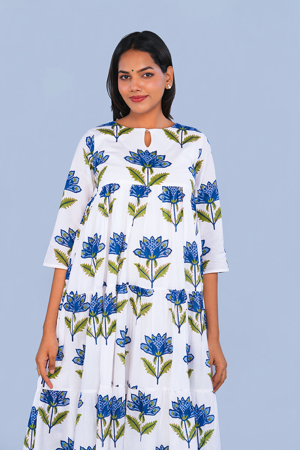 Image of Blue floral block printed Tiered Kurta