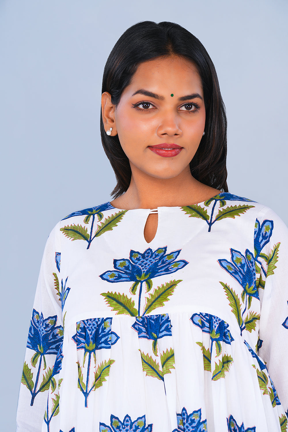 Image of Blue floral block printed Tiered Kurta