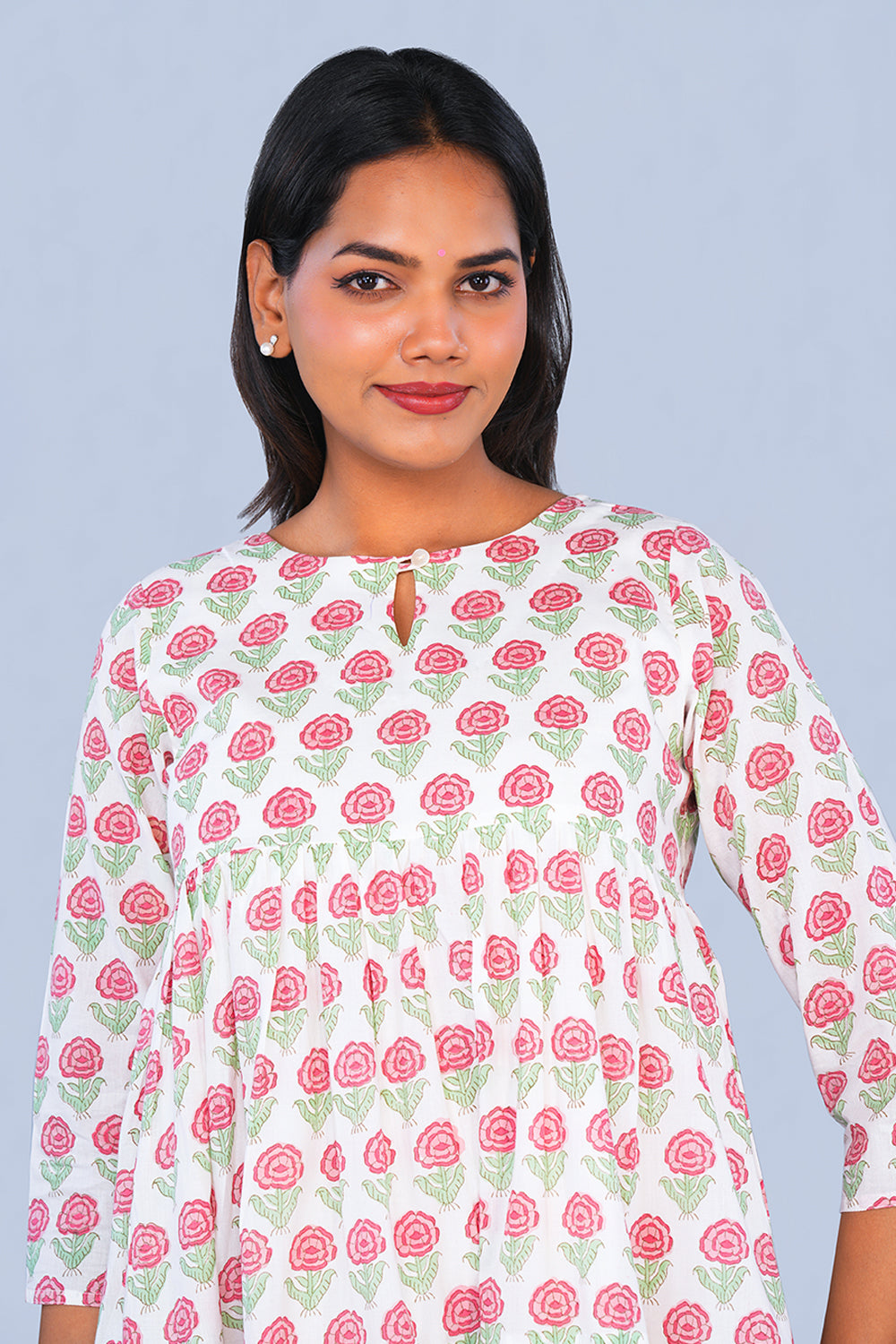Image of Pink Rose block printed tiered Kurta