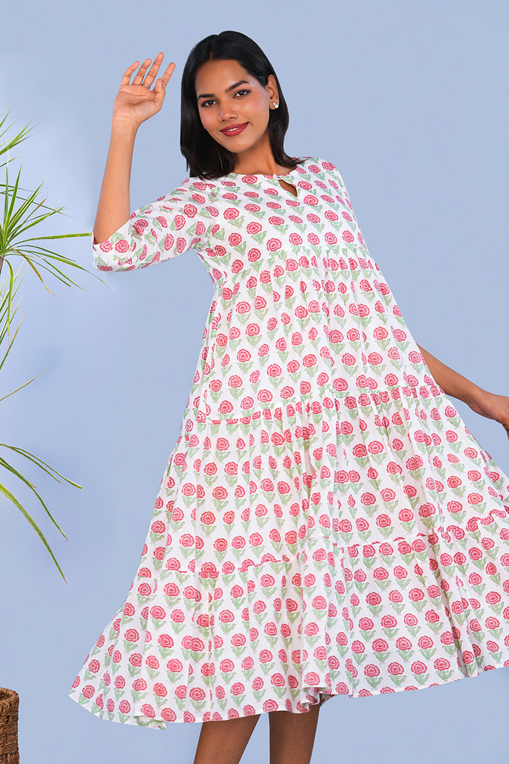 Image of Pink Rose block printed tiered Kurta