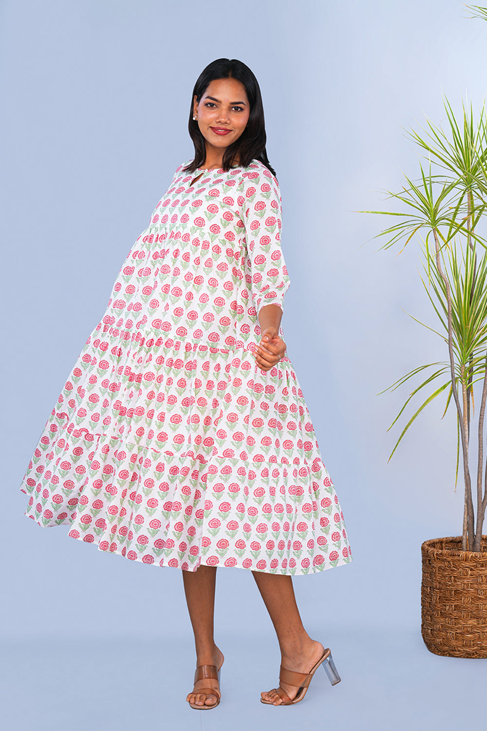 Image of Pink Rose block printed tiered Kurta