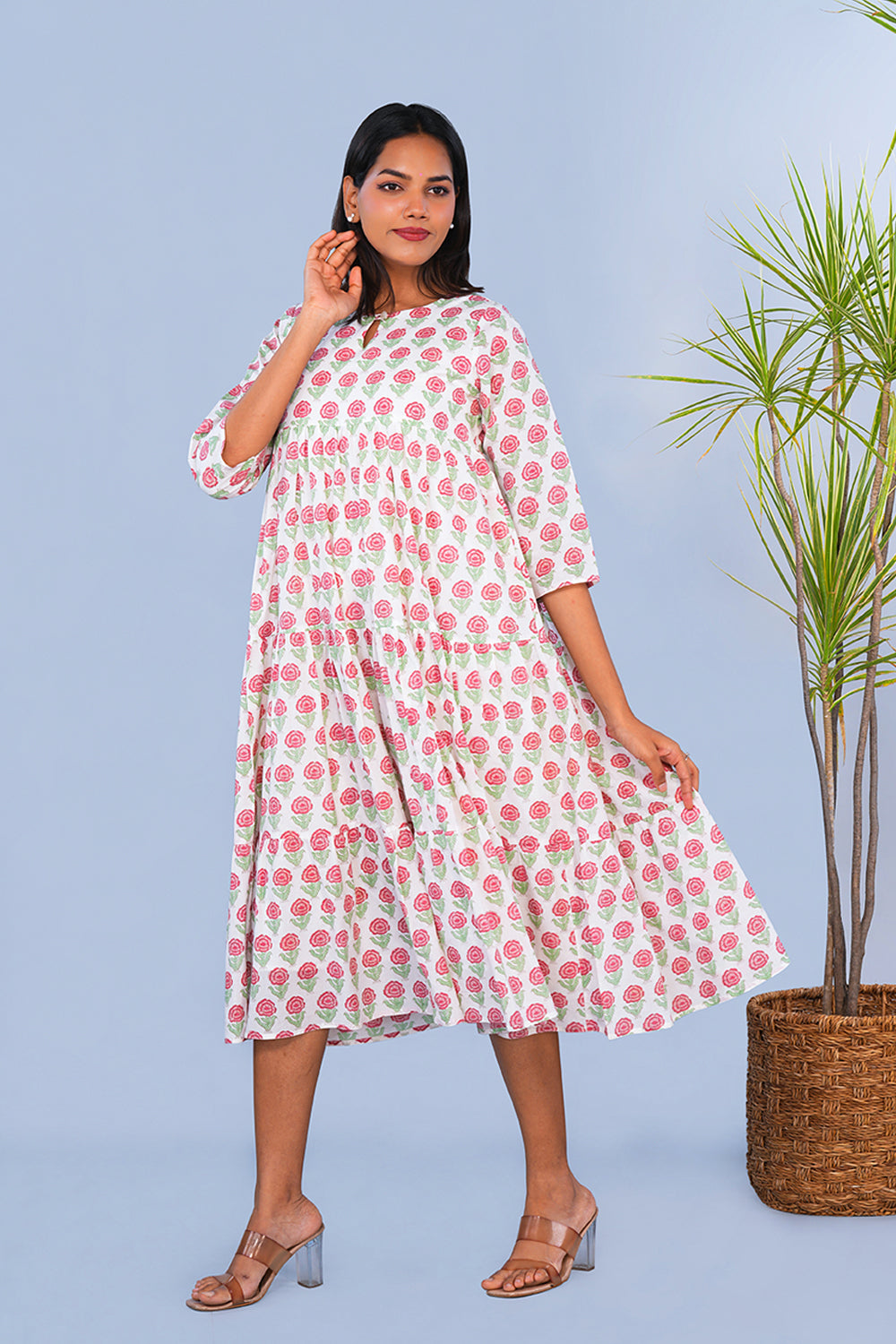 Image of Pink Rose block printed tiered Kurta