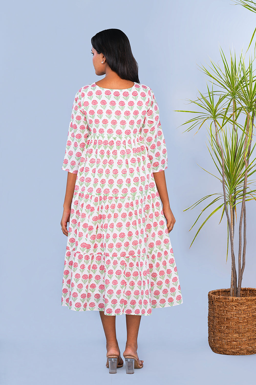 Image of Pink Rose block printed tiered Kurta