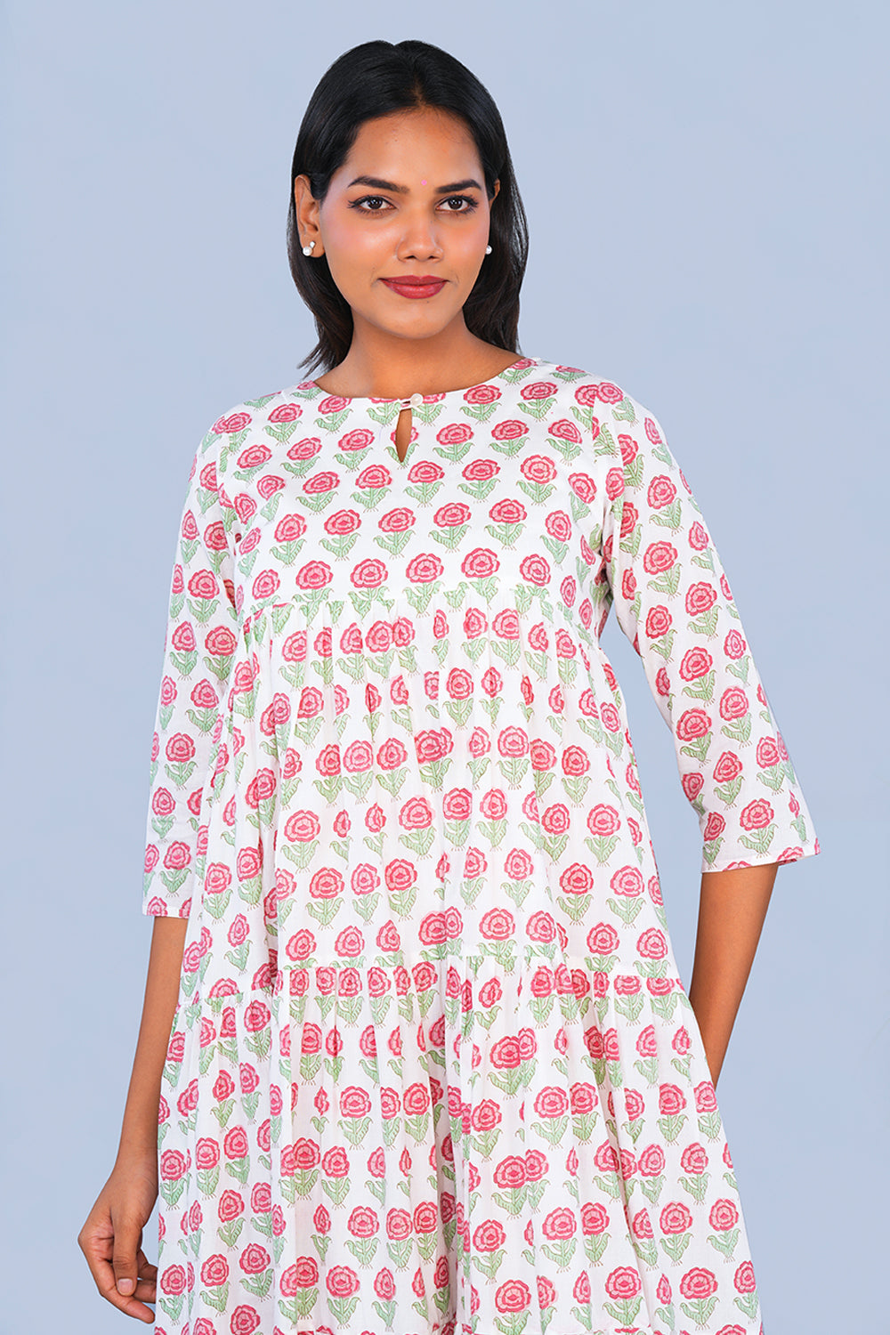 Image of Pink Rose block printed tiered Kurta