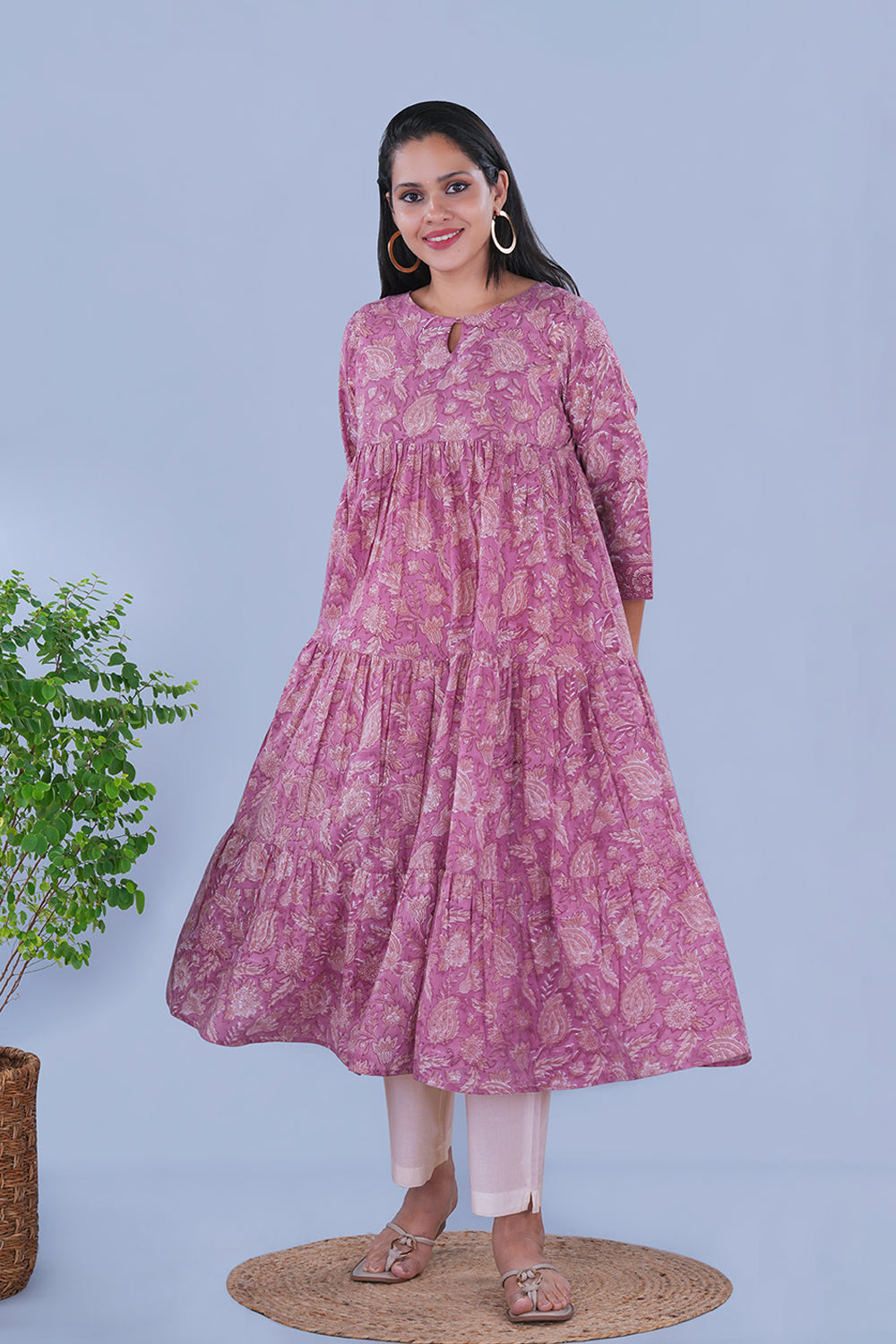 Image of Lavender floral block printed Tiered Kurta