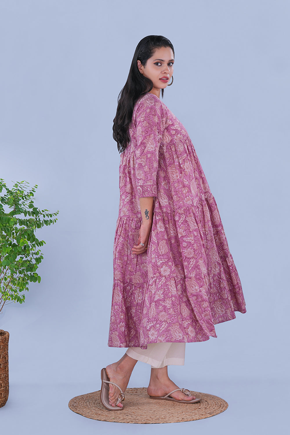 Image of Lavender floral block printed Tiered Kurta