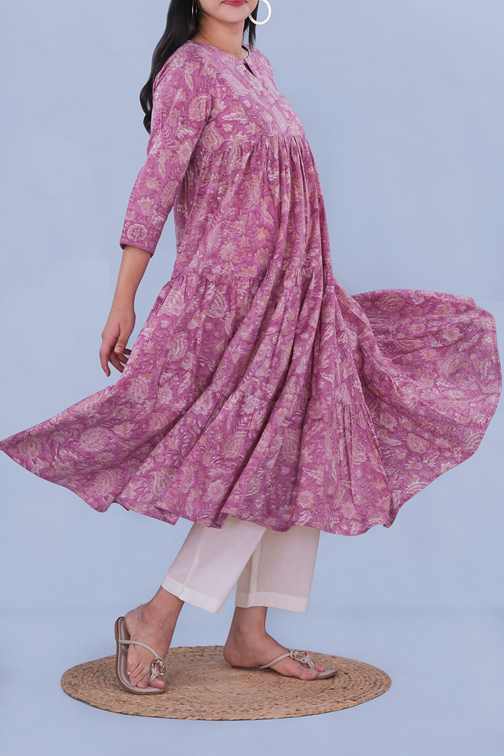 Image of Lavender floral block printed Tiered Kurta