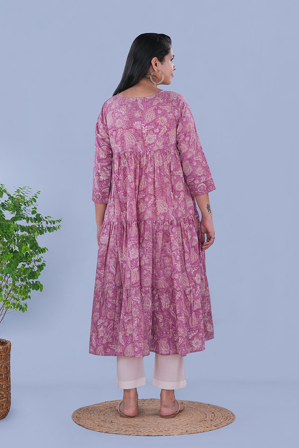 Image of Lavender floral block printed Tiered Kurta