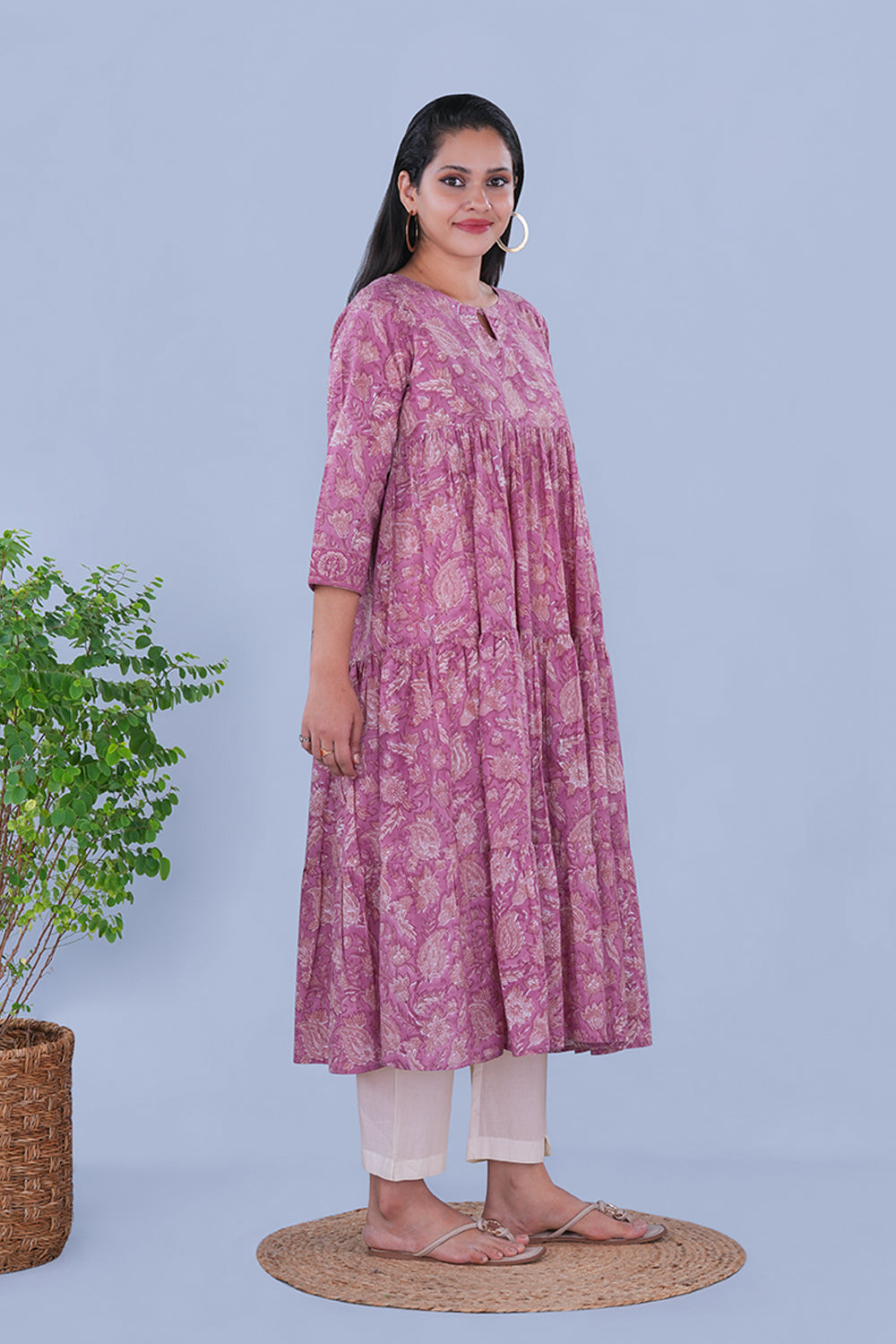 Image of Lavender floral block printed Tiered Kurta