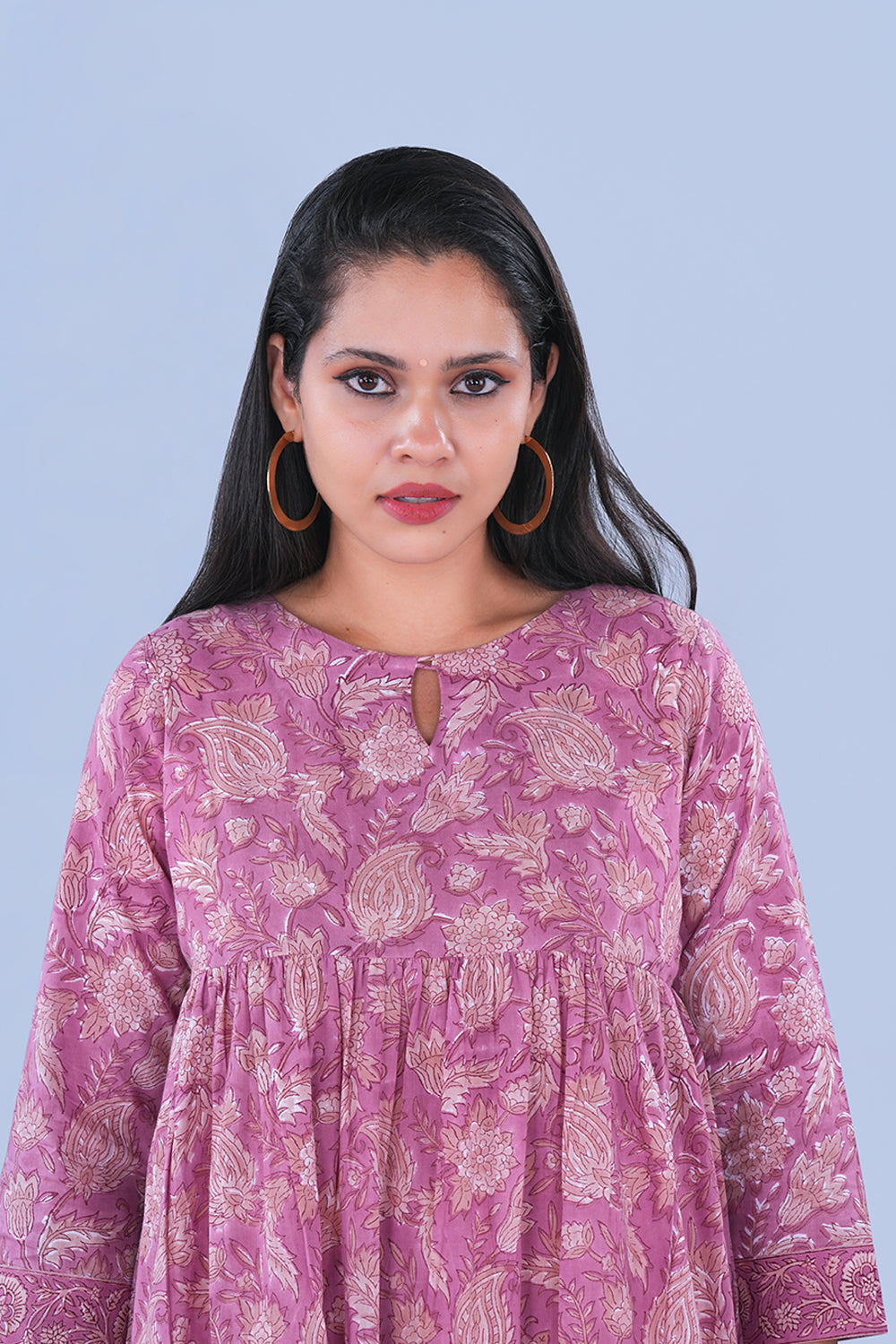 Image of Lavender floral block printed Tiered Kurta