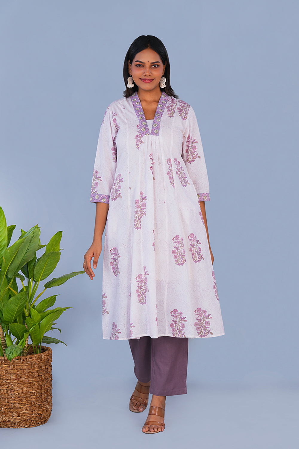 Image of Lavender Ivory Block printed cotton Kurti