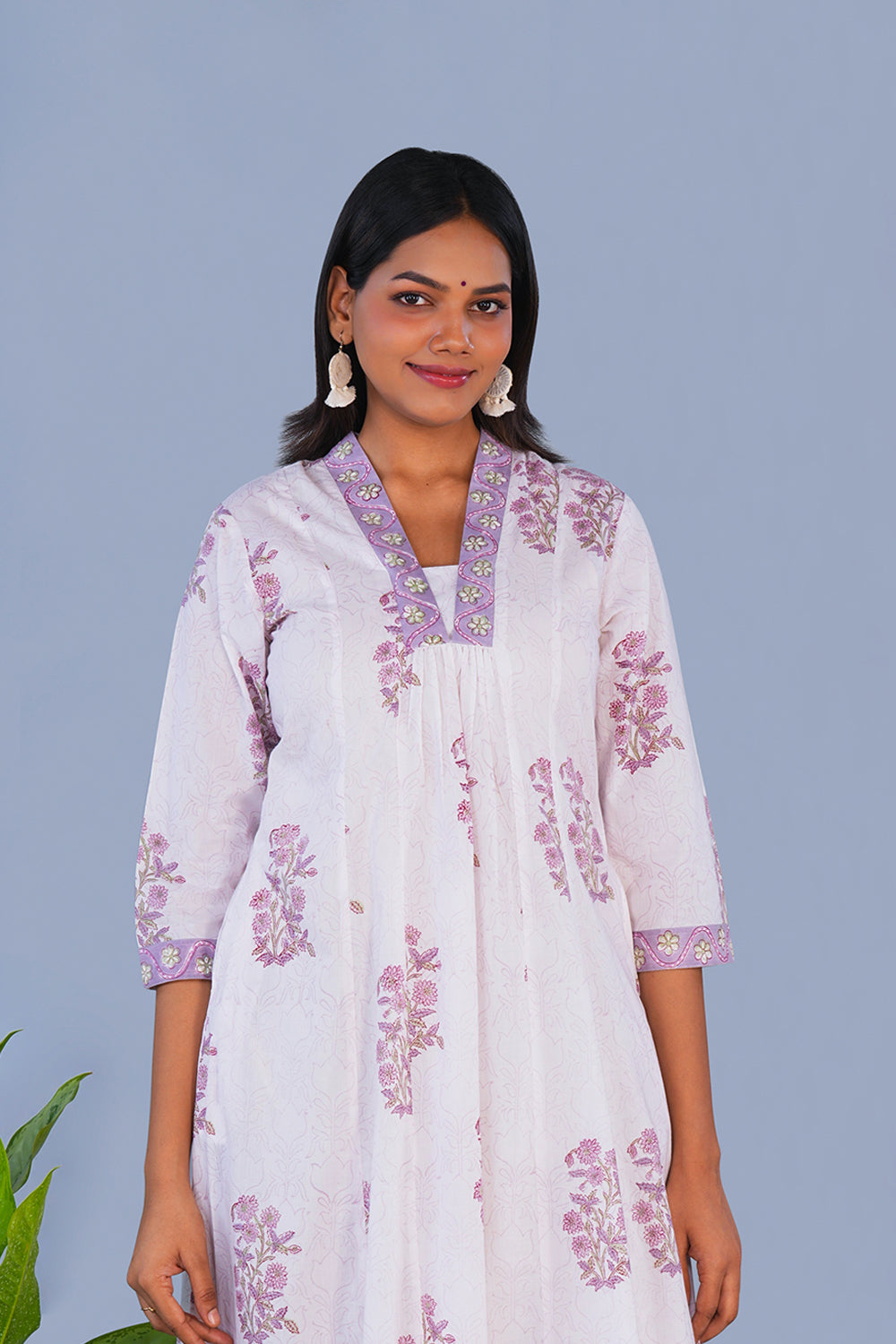 Image of Lavender Ivory Block printed cotton Kurti