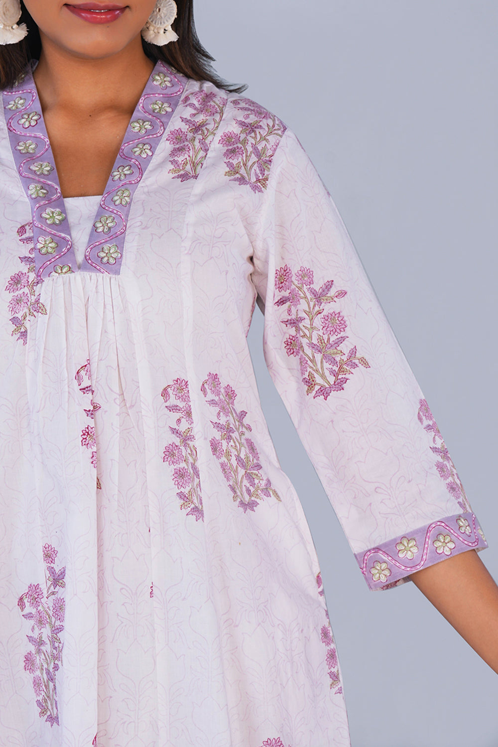 Image of Lavender Ivory Block printed cotton Kurti