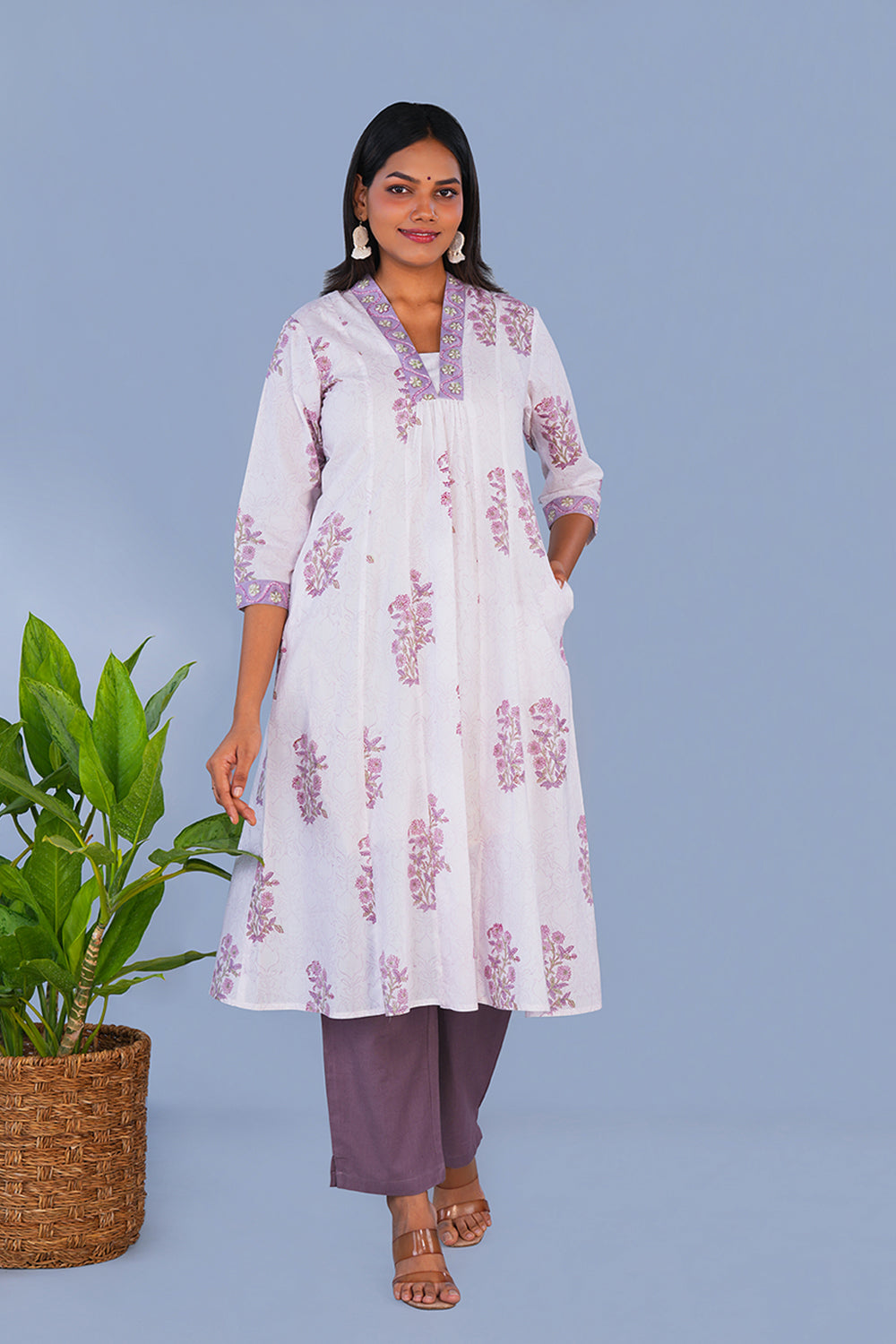 Image of Lavender Ivory Block printed cotton Kurti