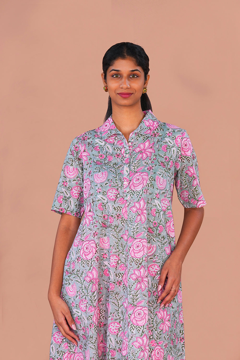 Image of Sea Blue floral block printed flared Kurta