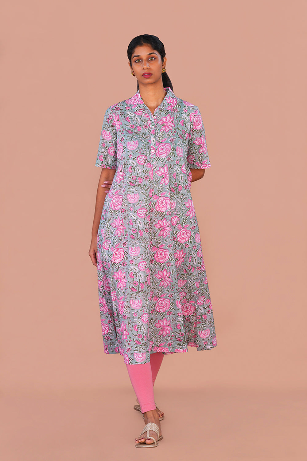 Image of Sea Blue floral block printed flared Kurta