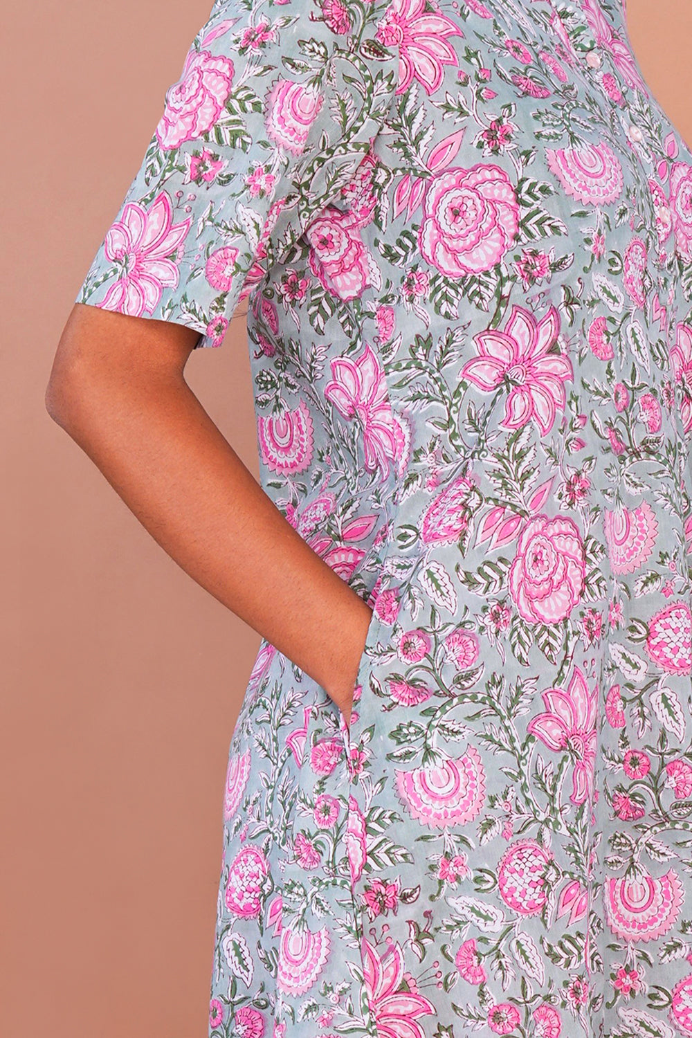 Image of Sea Blue floral block printed flared Kurta