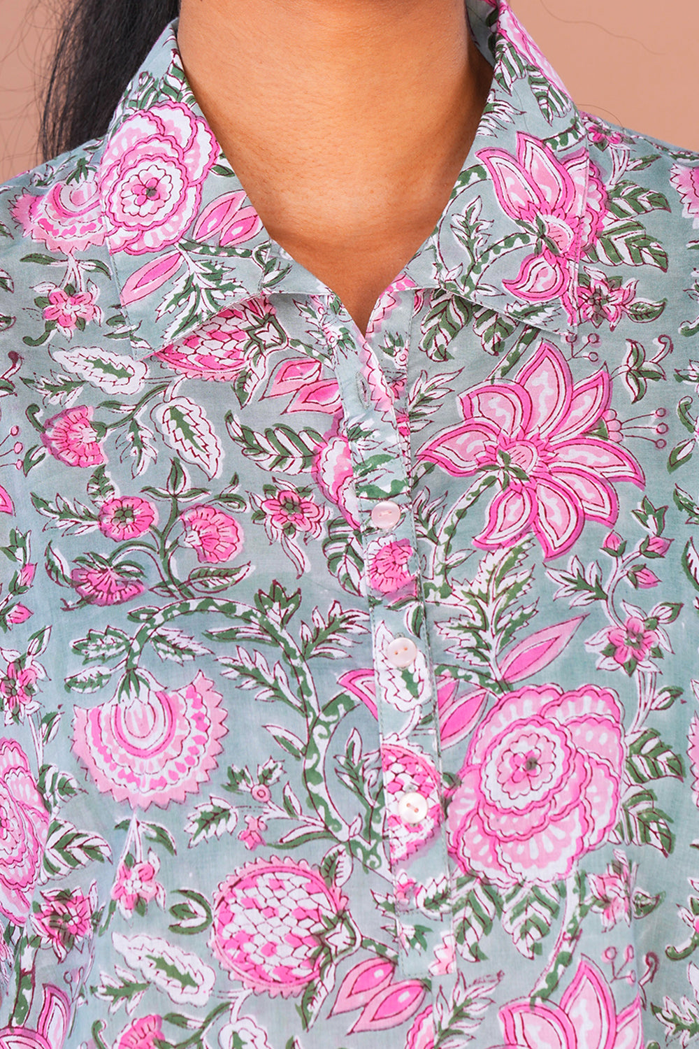 Image of Sea Blue floral block printed flared Kurta