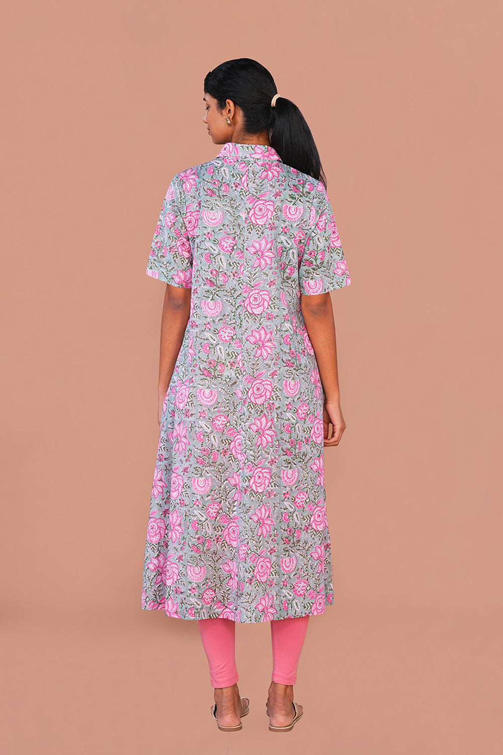 Image of Sea Blue floral block printed flared Kurta