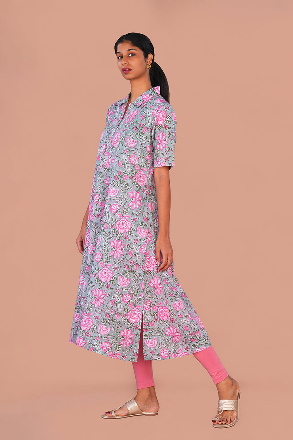 Image of Sea Blue floral block printed flared Kurta