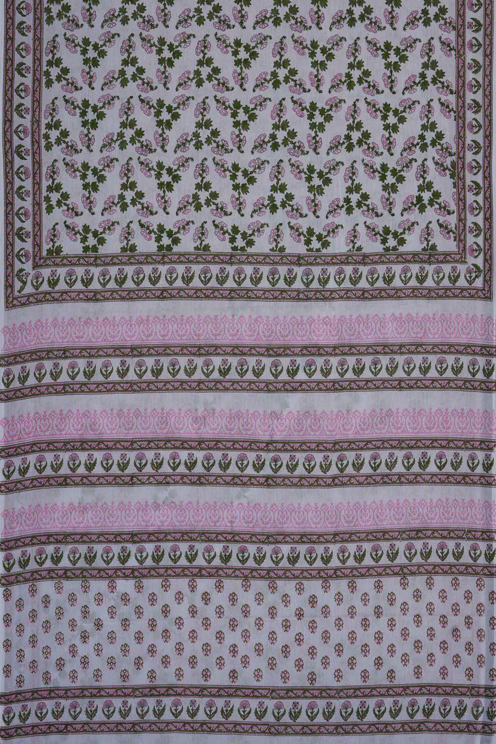 Image of White with pink Sanganeri Hand Block Printed cotton Saree