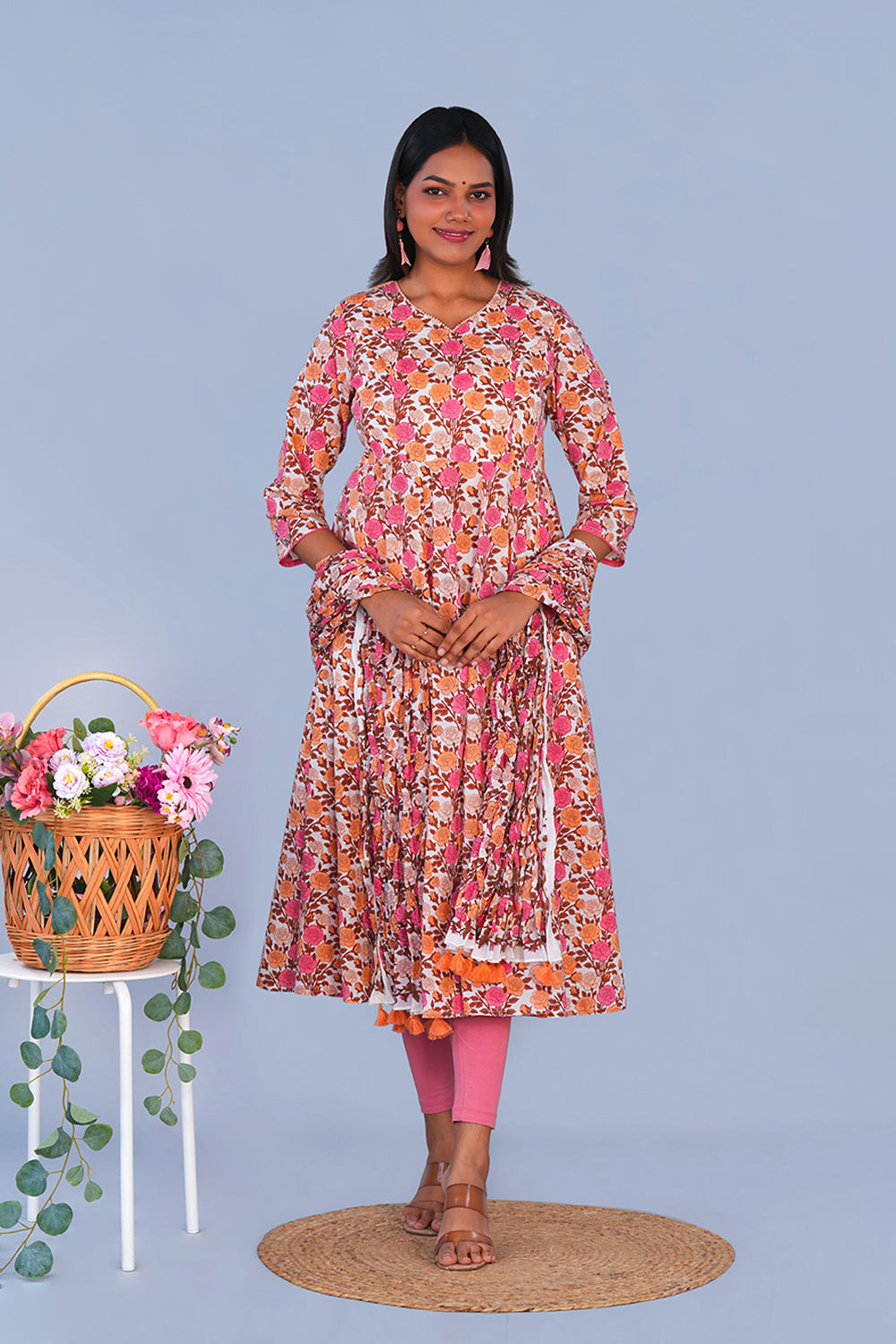 Image of Rose block printed cotton Kurta and Dupatta set