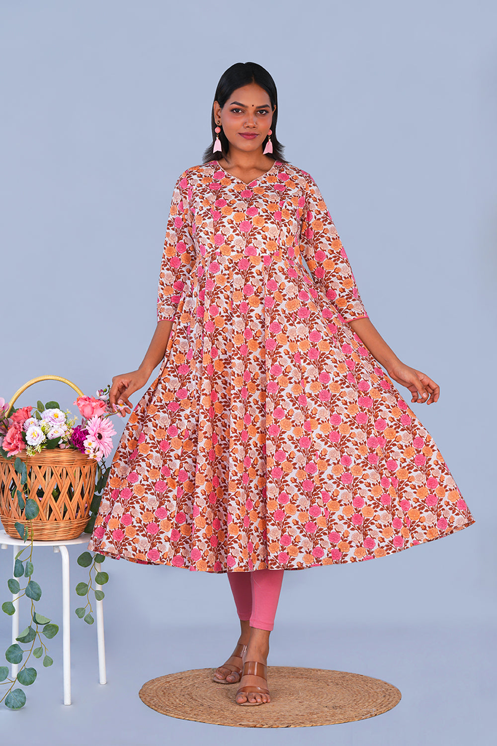 Image of Rose block printed cotton Kurta and Dupatta set