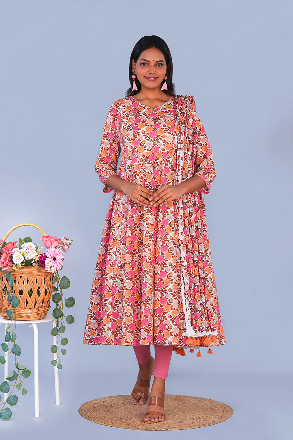 Image of Rose block printed cotton Kurta and Dupatta set