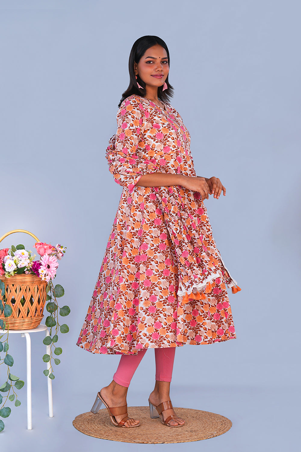 Image of Rose block printed cotton Kurta and Dupatta set