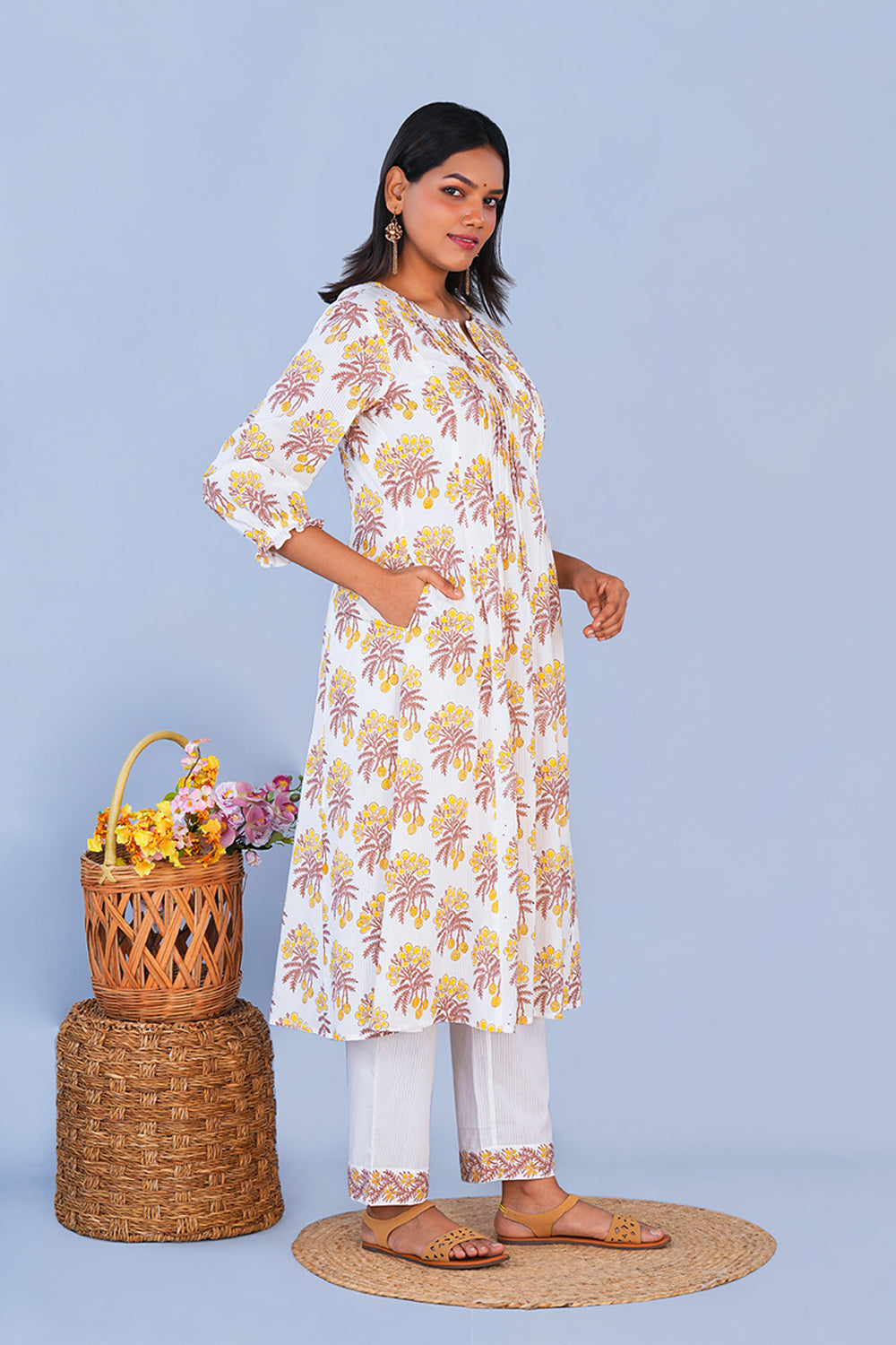 Image of Lemon Yellow block printed cotton Co-ord set